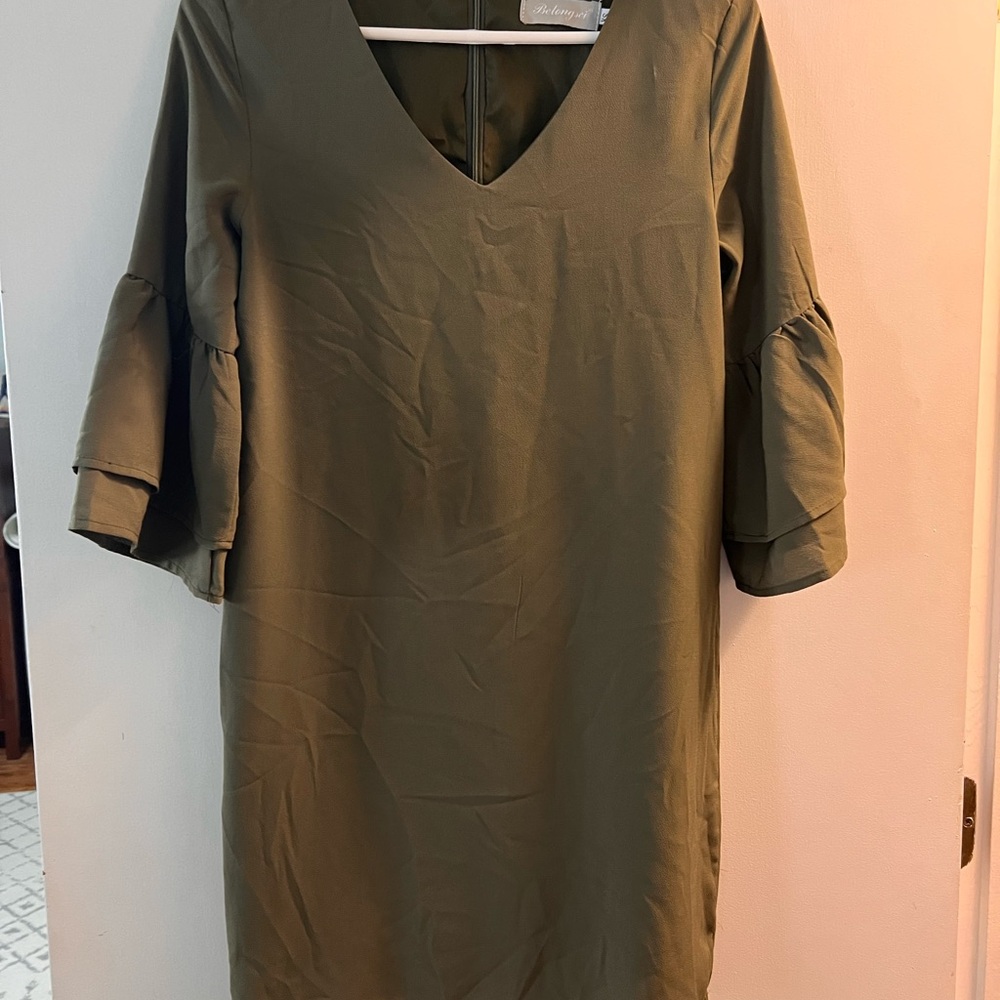 a'gaci Khaki V-Neck Long Sleeve Dress